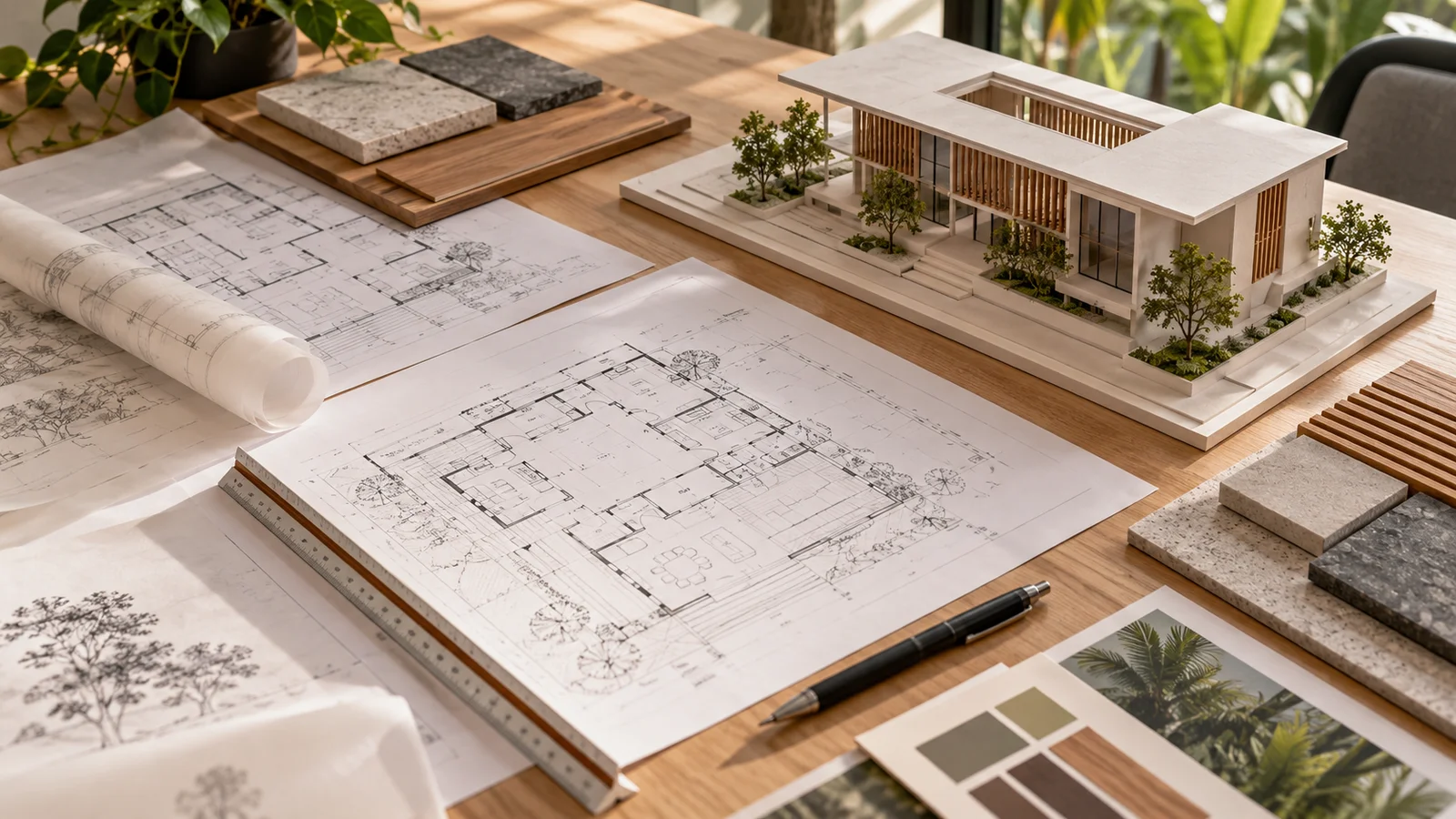 Architectural model, drawings and material samples for project planning and design
